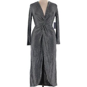 Reformation Carlyle Metallic Shimmer Midi Dress Long Sleeve Size XL Silver